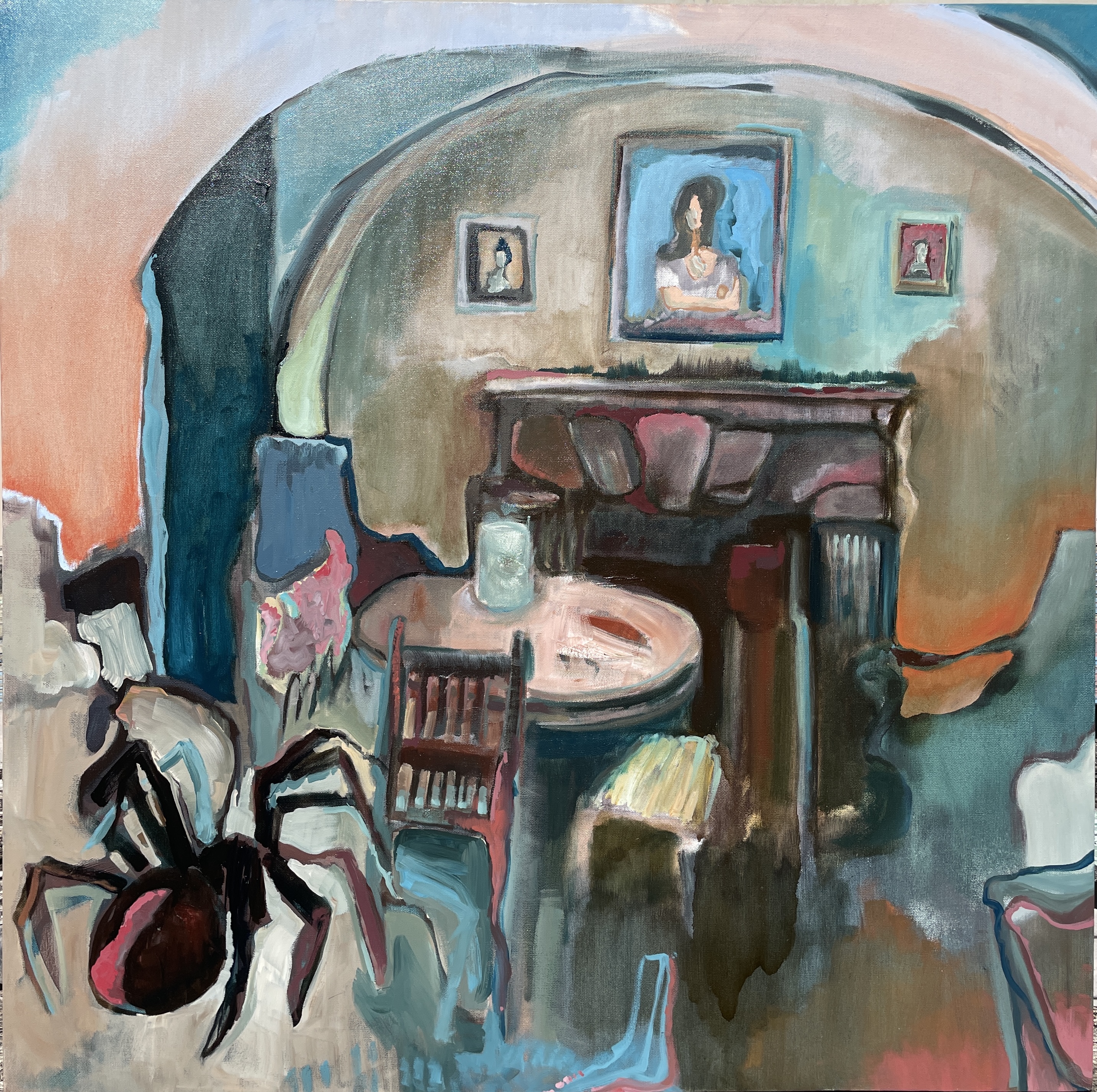 Image of interior that is inspired by the room in the basement of Moika Place in St. Petersberg, looking toward back wall. Much color and large spider on lower left.